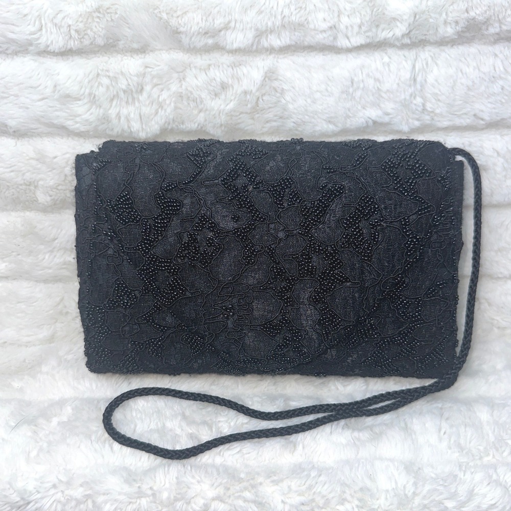 Vintage Lord & Taylor Black Beaded Lace‎ Clutch Women Evening Shoulder Bag Strap